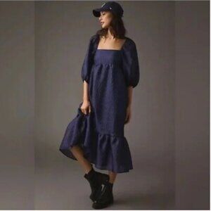 sz L Anthropologie Textured Puff-Sleeve Dress Navy